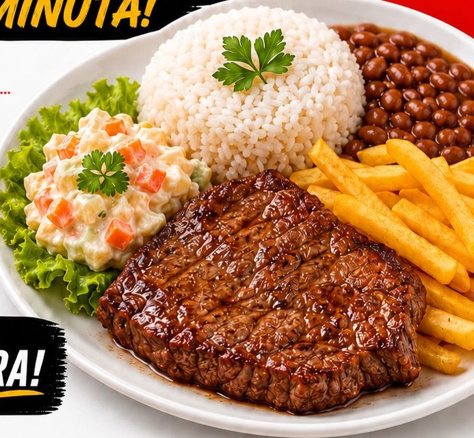 Alaminuta com bife, arroz, feijão, batata frita e salada